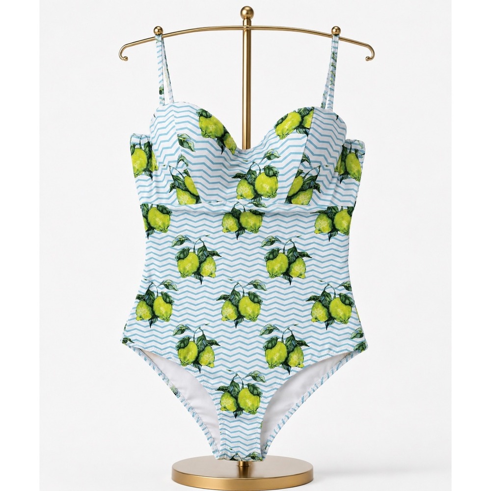 Cupshe Medium Lemon Print Chevron One Piece Swimsuit Blue White Underwire Padded